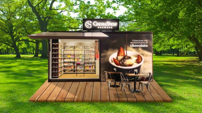 Imagem da loja container da Cacau Show, dentro de um guia que mostra qual é o valor de uma franquia da Cacau Show.