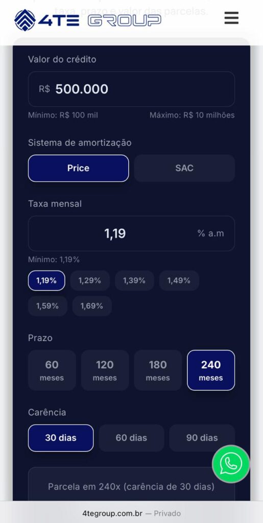 Print do Simulador de Crédito Empresarial da 4TE Group, que pode ser utilizado de forma online e gratuitamente.
